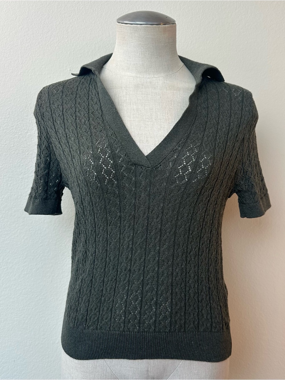Zara Open Knit V-Neck Collared Top Women’s Small 457